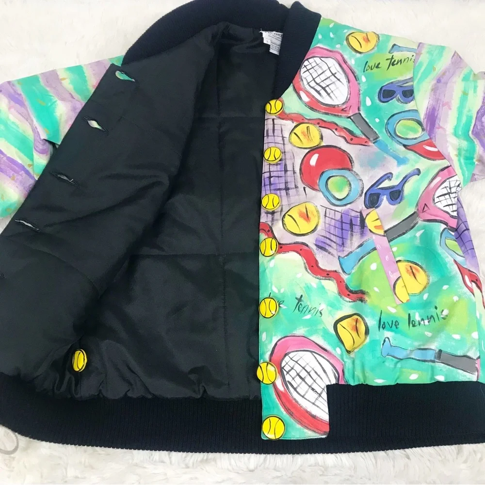 VINTAGE Hand Painted Bomber Jacket Tennis Wearable Art Artsy 80s 90s Size Small - Picture 12 of 15